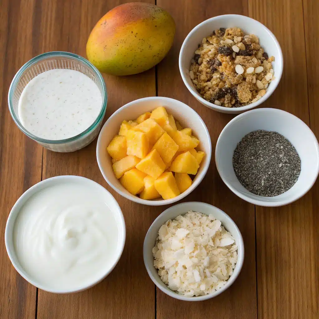 Mango smoothie bowl ingredients on table