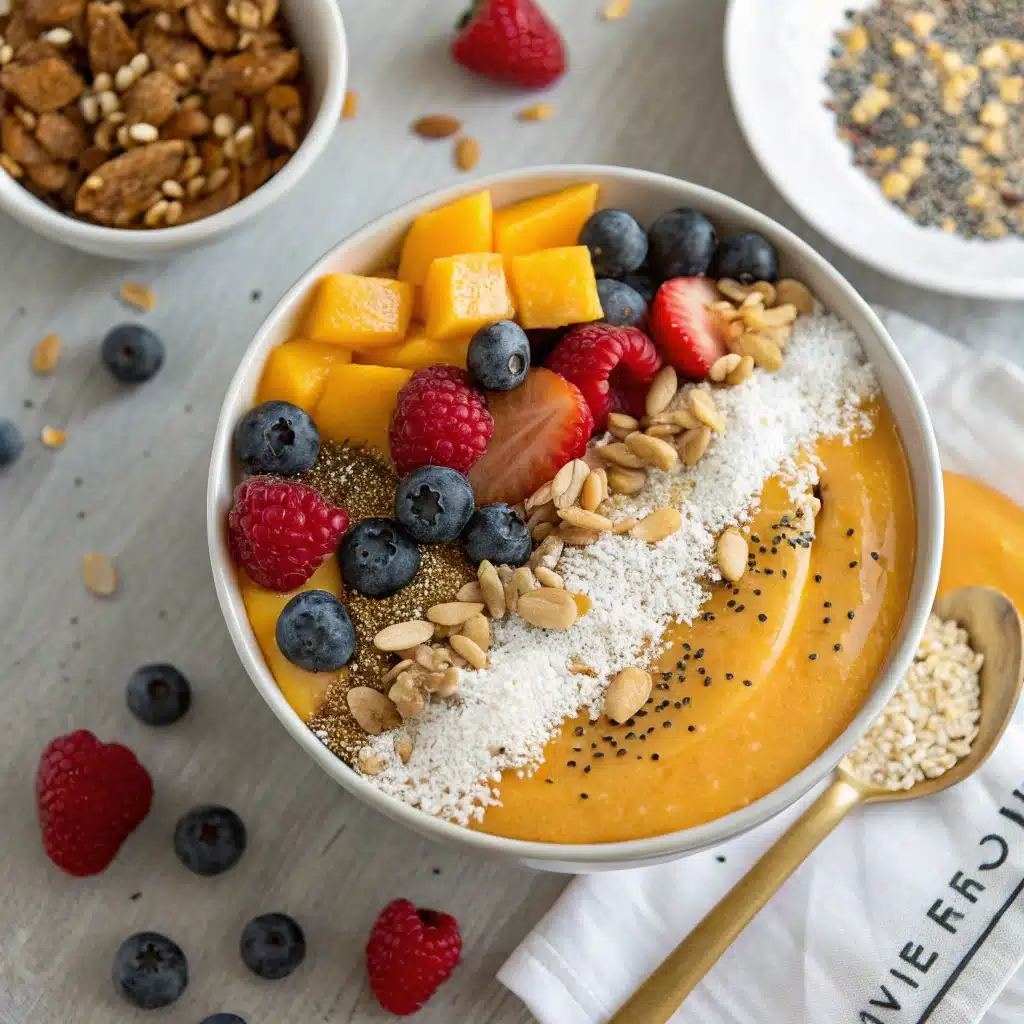 Mango smoothie bowl with toppings