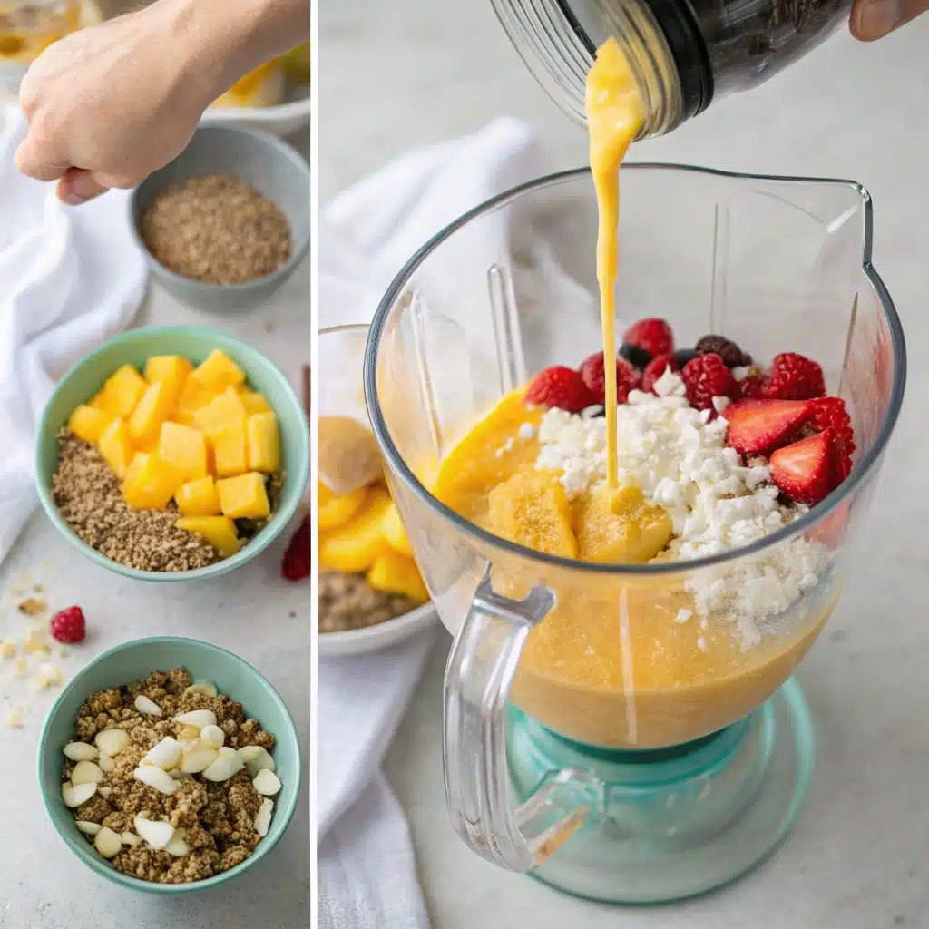blending mango, pouring smoothie, adding toppings