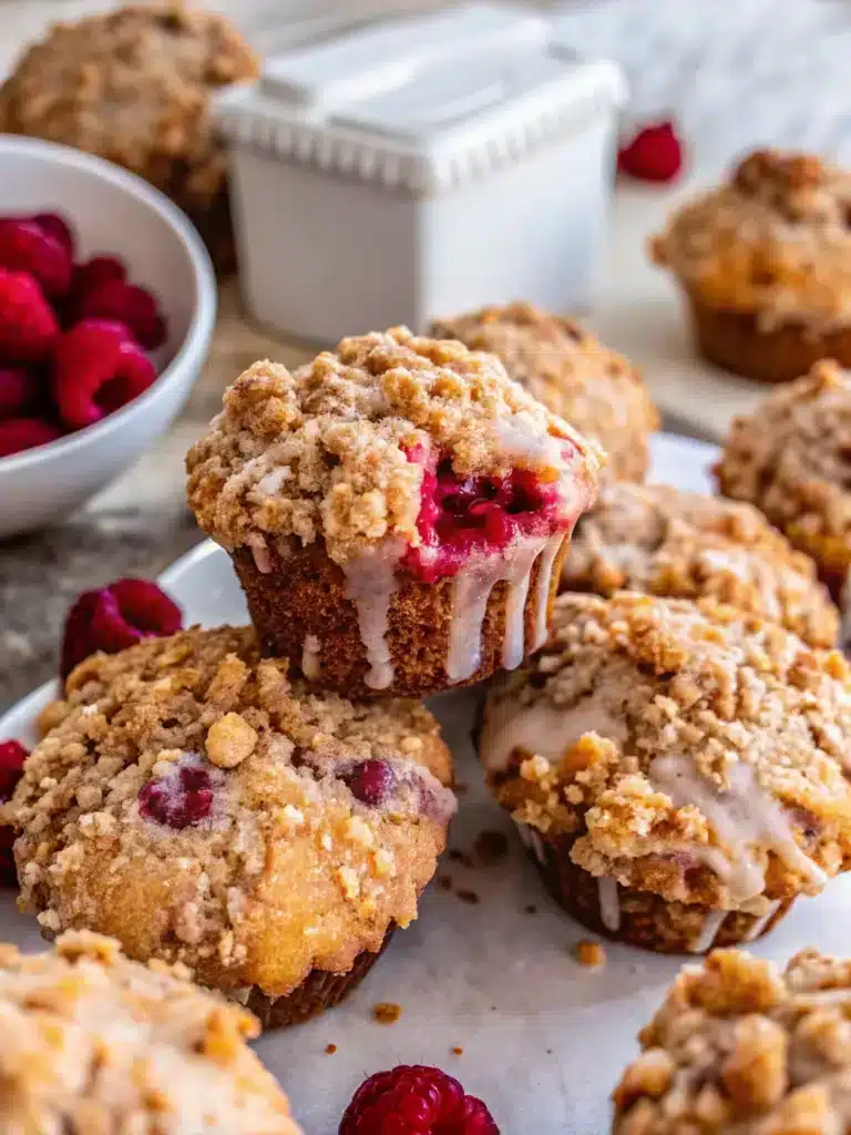 Lemon raspberry muffins with streusel on wooden table