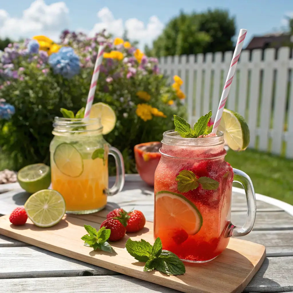 : Summer drink with two tropical fruits served over ice